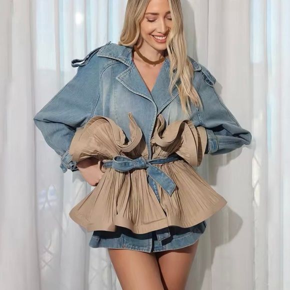 NEW WOMENS DENIM PATCHWORK RUFFLES JACKET MEDIUM - Picture 5 of 11